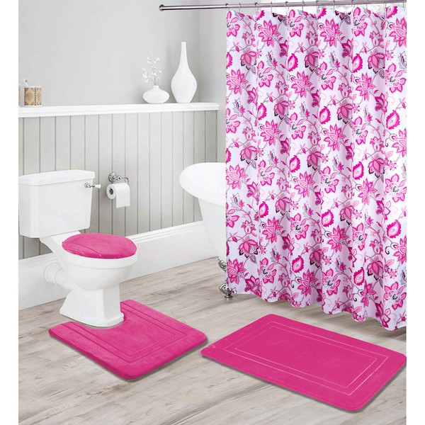 Bathroom Collection Hot Pink 16pc Bathroom Accessory Set - Non-Slip Bath Mat, Non-Slip Contour Mat, Toilet Lid Cover and Waterproof Shower Curtain with Rustproof Metal Roller Hooks