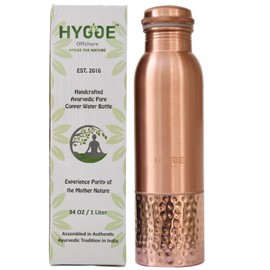 HYGGE 34oz (1L) Pure Copper Water Bottle – Leak-Proof Ayurvedic Copper Bottle for Drinking – Half Hammered Design – Ideal for Yoga, Gym, Fitness & Outdoor – Natural Wellness Benefits