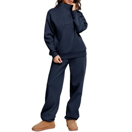 Aleumdr Lounge Set for Women 2 Piece Outfits Long Sleeve Sweatshirt High Waisted Pants with Pockets Tracksuit Matching Set Navy Blue Medium