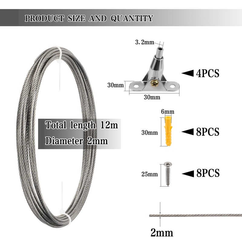 Wkmamo 2 mm x 12 m Stainless Steel Wire Rope,