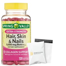 Spring Valley Extra Strength Hair, Skin, & Nails Collagen Support Softgels, 5000 mcg Biotin, 120 Count, Biotin for Hair Nail Skin Support, Vitamins for Women Set with Basket Goods Store