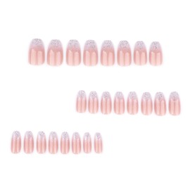 LPOODDNU French Tip Press on Nails Medium Coffin Fake Nails with Light Pink with Silver Glitter Designs French Manicure Acrylic Nail Kit Glossy Glue on Nails Cute Stick on Nails for Women, 24Pcs