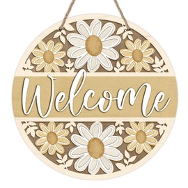 Deroro Welcome Spring Summer Daisy Flower Front Door Sign, Yellow Floral Farmhouse Wood Door Hanger Outdoor Outside Porch Decor, Rustic Seasonal Wooden Wreath Indoor Wall Hanging Decoration
