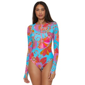 Trina Turk Women's Standard Paddle One Piece Swimsuit, Rash Guard, UV Protection, Zip Front, Long Sleeve, Bathing Suits, Meilani (Multicolor), Medium