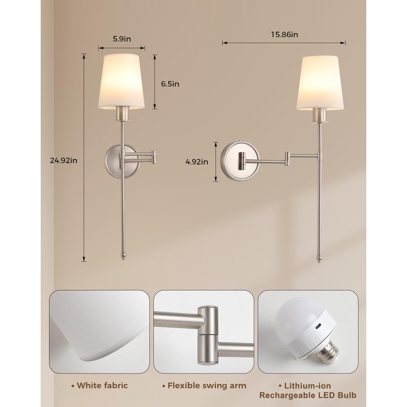 ECOBRT Battery Operated Wall Sconces Set of 2, Brushed Nickel