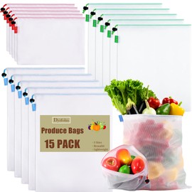 Dyrfolm15 Pack Reusable Produce Bags,See-Through Vegetable Storage Bags with Drawstring &Colorful Tare Weight Tags,Washable Mesh Produce Bags for Grocery Shopping,Fruits,Vegetable(3 Sizes)
