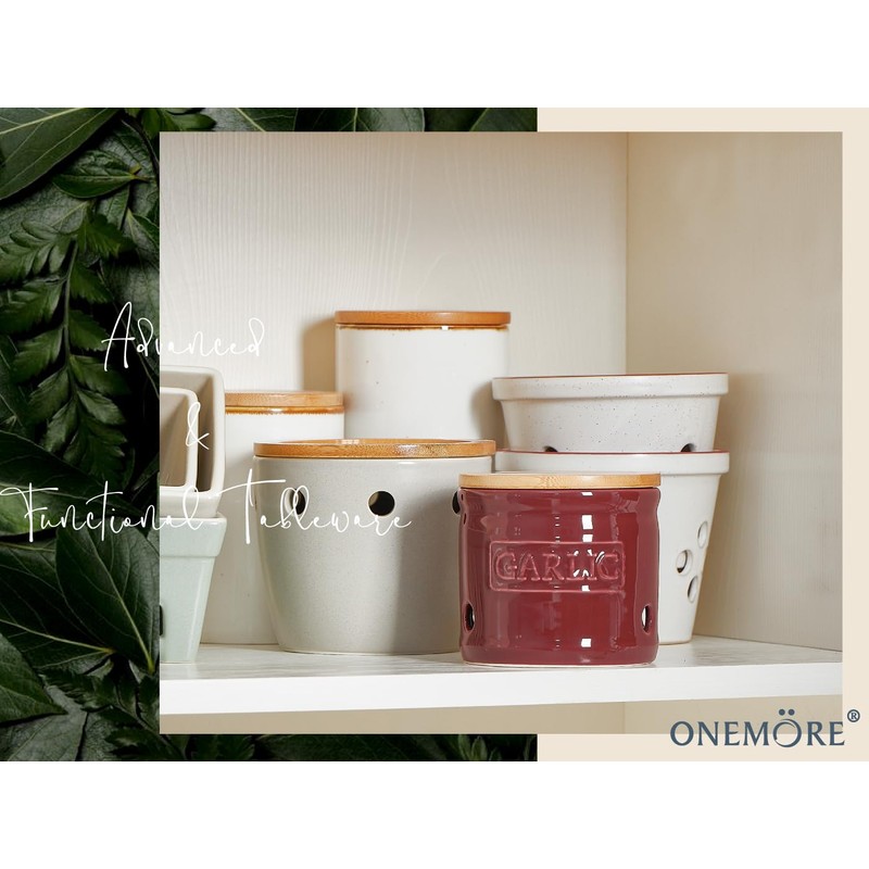 ONEMORE Garlic Keeper with Lid, Ceramic Garlic Saver 4 inch,