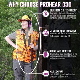 PROHEAR 030 Bluetooth 5.4 Electronic Shooting Ear Protection Earmuffs, Noise Reduction Sound Amplification Hearing Protector for Gun Range and Hunting - Pink