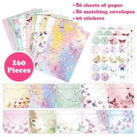 Buziba 160 Pcs Watercolor Butterfly Stationery Paper Writing Papers Matching Envelopes Set with Round Stickers Lined Lettler for Writing Letters Greeting Cards Invitations (Watercolor Butterfly)