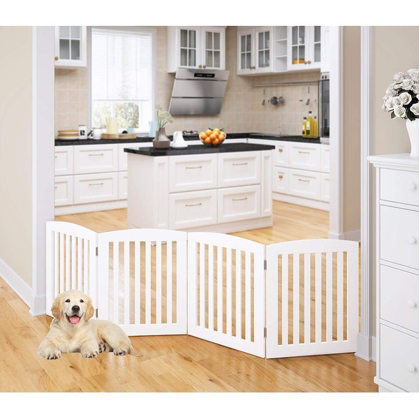 PAWLAND Wooden Freestanding Foldable Pet Gate for Dogs, 24 inch 4 Panels Step Over Fence, Dog Gate for The House, Doorway, Stairs, Extra Wide (White, 24" Height-4 Panels)