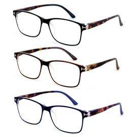 V.W.E. 3 Pairs Lightweight Slim Comfortable Readers - Tortoise Temple Clear Lens Reading Glasses 7018 (Black Brown Blue, 1.50)
