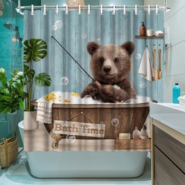 LeAquaNook Funny Bear Shower Curtain Teal Wildlife Animal Bathing in Bathtub Painting Prints Cute Fabric Decor Bathroom Polyester Waterproof 12 Pack Hooks