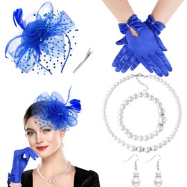 DRESHOW Fascinator Hats for Women Pillbox Hat with Veil Headband and a Forked Clip Tea Party Headpiece, 1 set GL blue, Unit size