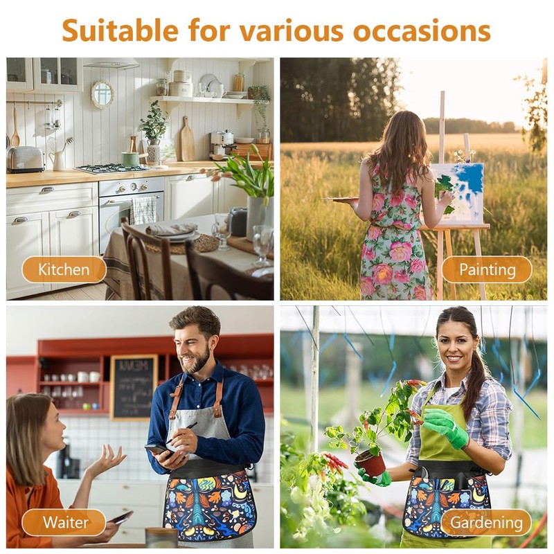 Alaoo Short Gardener Apron, Front Tie Apron with 5 Pockets,