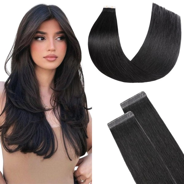 FUOTONBUTY Tape Extensions Real Hair Double Stitched, Natural Black Tape-In