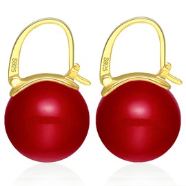 Huge Tomato Pearl Earrings, Drop Earrings with Pearls, 14mm Large Pearl Earrings with Sterling Silver, 14K Gold Plated Clasp, Elegant Gift for Women, Yellow Gold, Pearl