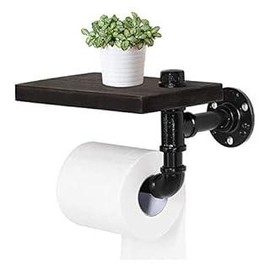 Pipe Toilet Paper Holder - Wall Mounted Industrial Tissue Holder for Bathroom, Washroom with Wooden Shelf and Cast Iron Pipe - Color: Black