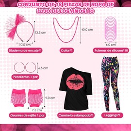 Disfraz de los años 80 para mujer – Conjunto 18 piezas rosa brillante