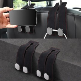 LivTee Headrest Purse Hook for Car, Seat Hook Hangers Storage Organizer for Bags and Coats Holder, Upgrade Leather Double Hook and Mobile Phone Holder for Universal Vehicle Car Accessories(Black-2PCS)