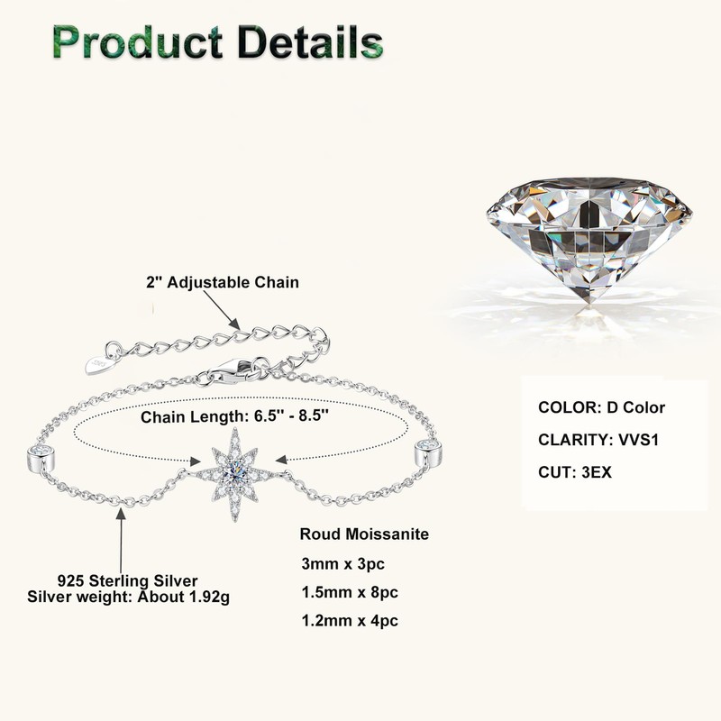 PROSTORY Star Moissanite Link Bracelet for Women (Silver)