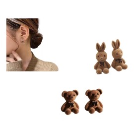 2 Pares Aretes De Peluche Plata Ley 925  Animales Conejo Oso