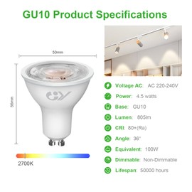 GY GU10 LED Warm White Lamp, 4.5 W 2700 K 805 Lumen Warm White Bulbs, Replaces 100 W Halogen Bulbs, 36° Beam Angle Spot Spotlight, Energy-Saving GU10 Non-Dimmable Reflector Lamps, Pack of 6