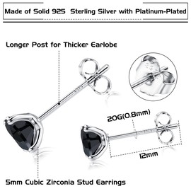PATISORNA 925 Sterling Silver 5mm Long Post Cubic Zirconia Stud Earrings for Women Men,Black CZ Studs earrings Hypoallergenic