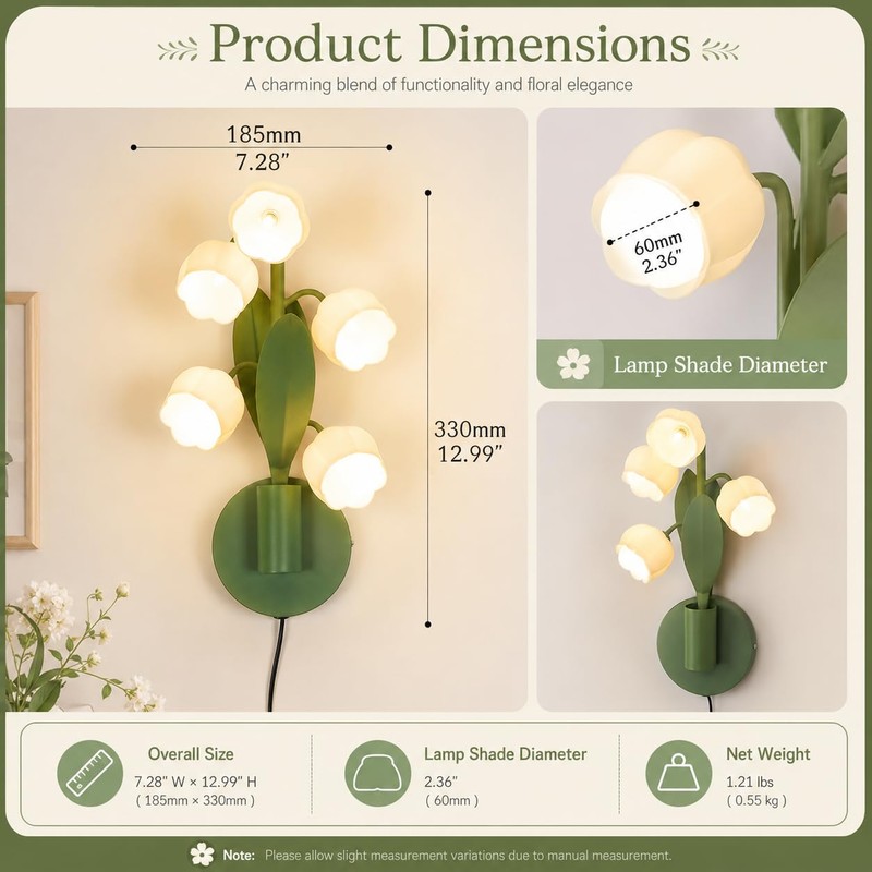 WERFOP Lily of The Valley Wall Sconce USB Plug-in Flower
