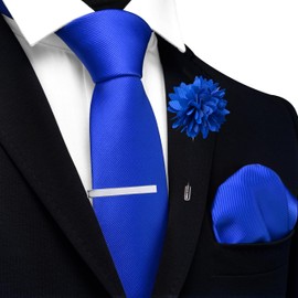Branduce Royal Blue Tie for Men Wedding Solid Jacquard Woven Necktie Pocket Square Tie Clip and Lapel Pin Brooch Set (TA15-07)