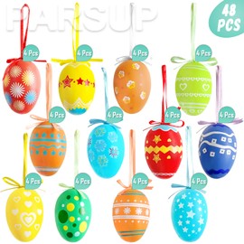 48 Pieces Easter Eggs Hanging Multicolor Plastic Easter Eggs Hanging Tree Decorations Decorative Egg Ornaments with Different Style Stripes, Dots, Flowers for Easter Decoration