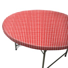 TopTableCloth Fits Tables up to 43" to 48" Inch Fitted Round Tablecloth Elastic Red & White Checkered Plastic Vinyl Flannel Backed Party Dining Wedding Outdoor Bar Table Cover Elasticated Christmas