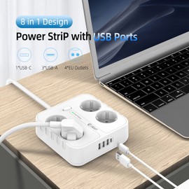 Steckdosenleiste 4 Fach mit 4 USB Ladeanschlüsse, Unidapt Mehrfachsteckdose mit USB C, Wandmontage(2500W) Steckerleiste Überspannungsschutz mit 1,8M Kabel für Büro, Multistecker Power Extension, Weiß