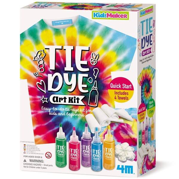 4M 404787 KidzMaker Arts and Crafts 8+ | Easy Kit for Kids and Beginners | Includes Tie Dye Bottles and 4 Towels, Multi Coloured, 38 x 38 cm