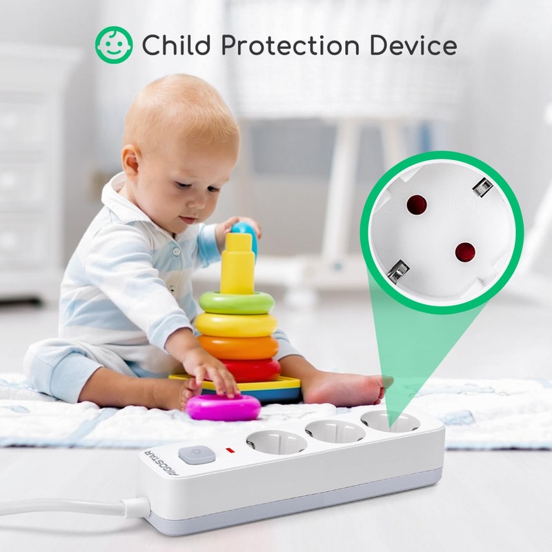 Aigostar 3-Way Power Strip with Switch, Multiple Socket with Child