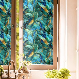 Golden Blue Green Leaf Modern Stained Glass Window Films Decorative Double-Side Privacy Film Self-Adhesive Static Glass Window Clings for Living Room Bathroom Glass Windows Decor