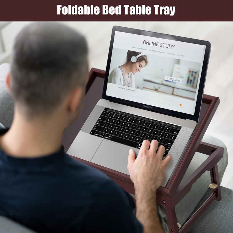 Bamboo Adjustable & Foldable Bed Tray Table with Ergonomic Handle,