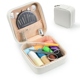 LELE LIFE Mini Travel Sewing Kit Leather Case, Small Sewing Kit for Adults and Beginners, Basic Needle and Thread Kit for Emergency Hand Sewing Repair Supplies (White)