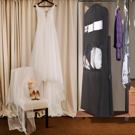 Univivi Portable Wedding Dress Garment Bag, 72 Inch Trifold Bridal Dress Bags for Gowns Long with 12'' Gusseted and Accessory Pockets, Dress Cover for Wedding Dress, Evening Gowns (Black)