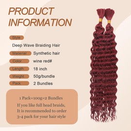 CHARSUN Deep Wave Braiding Hair Curly Bulk Synthetic Hair Extensions For Women Wet and Wavy Braids Extensions for Boho Box Braids No Weft 2Bundle/Pack Hair Extensions(wine red#)