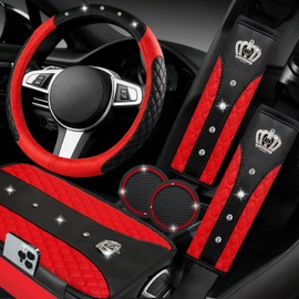 NBTEPEM 6 PCS Bling Car Accessories Set, Leather Steering Wheel Covers Universal 14.5-15 inch, Center Console Cover, Seat Belt Cushion, Cup Holder Coaster (Red)
