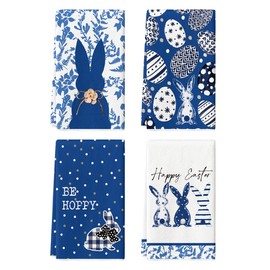 Artoid Mode Blue Bunny Eggs Flower Happy Easter Kitchen Towels Dish Towels, 18x26 Inch Spring Farmhouse Leaves Decoration Hand Towels Set of 4