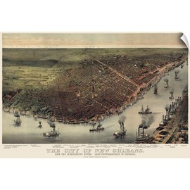 CANVAS ON DEMAND Vintage Birds Eye View Map of The City Wall Decal, New Orleans Artwork