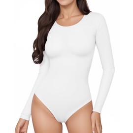 ALGALAROUND Bodysuits for Women Round Neck Long Sleeve Body Suits Basic Festival Bodysuit Shirts Going Out Tops Winter Leotard White S