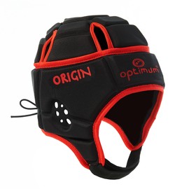 Optimum Unisex Junior Origin Rugby and Football Headguard - Full Coverage Scrum Cap | Breathable, Soft-Edged, Lightweight Sports Protective Headgear Black/Red, Large Boys