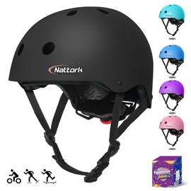 Nattork Skateboard Black Helmet Protective Gear for Kids，Multi-Sport Scooter Helmet with Removable Liner for Bike, Scooter, Inline Skate, Roller Skate, Suitable for Youth