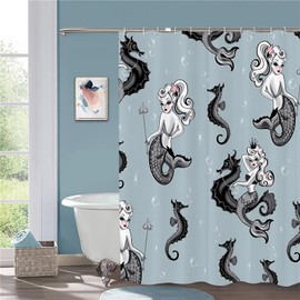 JOOCAR Mermaid Shower Curtains for Bathroom Grey Cartoon Mermaid Princess Shower Curtain Polyester Fabric Waterproof Ocean Sea Shower Curtain Set with 12 Hooks, 180x180cm