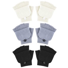 SATINIOR 3 Pairs of Winter Fingerless Gloves for Children, Warm Gloves with Flap, Half Finger Mittens (Black, White, Grey), Black / White / Grey