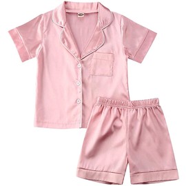 TiendaDeLage Toddler Baby Girl Satin Silk 2 Piece Long Sleve Collared Button Down Shirts and Pants Casual Loungwear Cute Clothes (Short Sleeve Pink,2-3T)