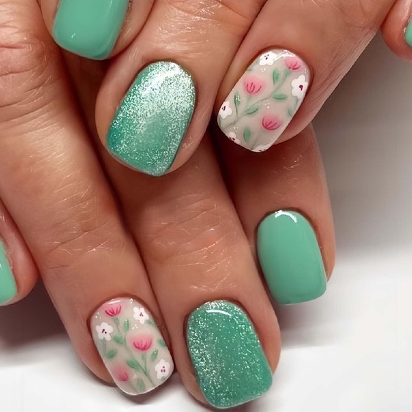 Short Press on Nails Spring Green Fake Nails 24pcs Acrylic