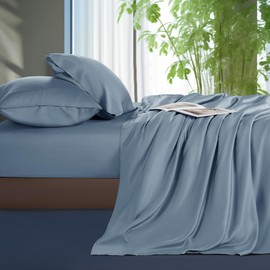 Shilucheng Tencel Sheets 4 Piece, 100% Eucalyptus Lyocell Sheets Set, Cooler Than Cotton and Linen, Summer Cooling Breathable Bed Sheets for Hot Sleepers, 16 Inch Deep Pockets (French Blue, King)